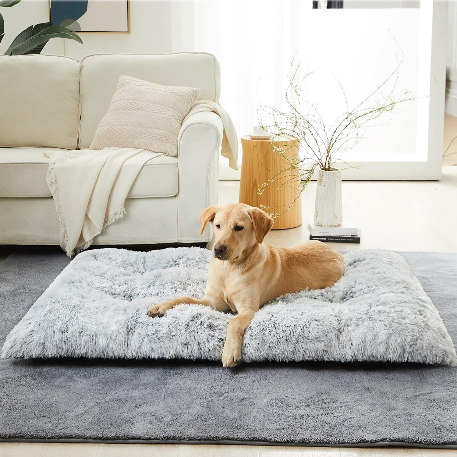 Dog Bed for Large Dogs, Plush Kennel Pad for Sleeping &Ease Anxiety, Washable Mats with Anti-Slip Bottom - 48 X 28 Inch, Grey