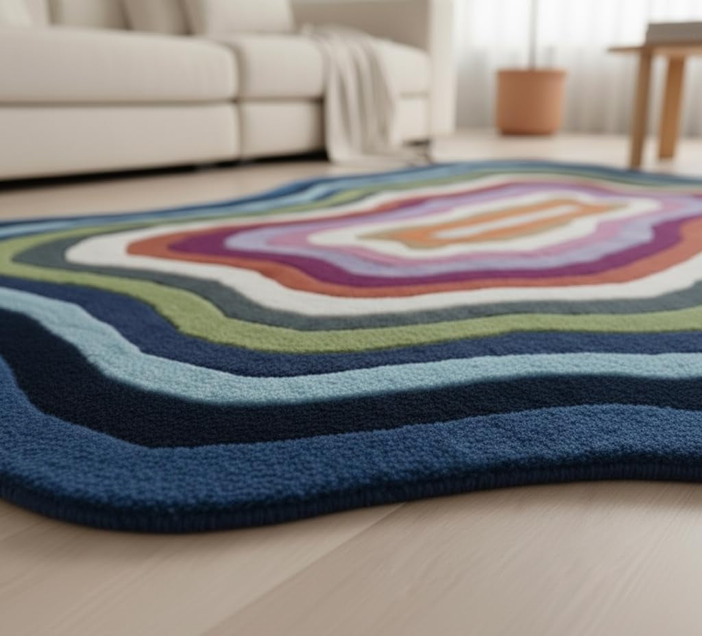 Restoration and Renovation Irregular Shaped Handmade Wool Rug | Modern Colourful Stripe Premium Area Rug Perfect for Home Decor (Blue Multi, 5' X 8')