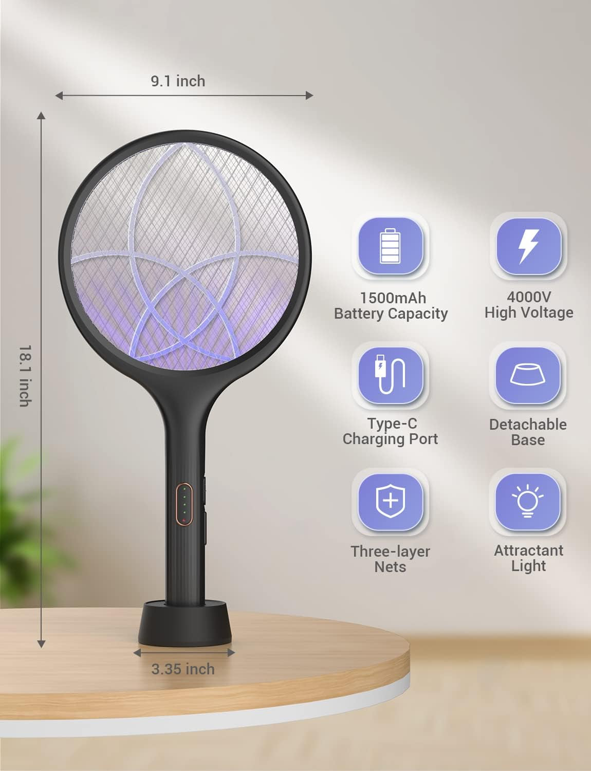Electric Fly Swatter 4000V Bug Zapper Racket Dual Modes 2PCS with Purple Mosquito Light