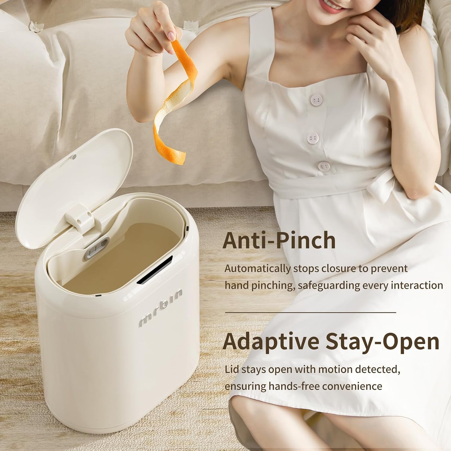 Automatic Trash Can for Bathroom, Metal Touchless Garbage Bin with Lid, 3.2 Gallon Small Slim Trash Can for Office and Kitchen, Electric Motion Sensor Bedroom No Touch Bin, Cream White