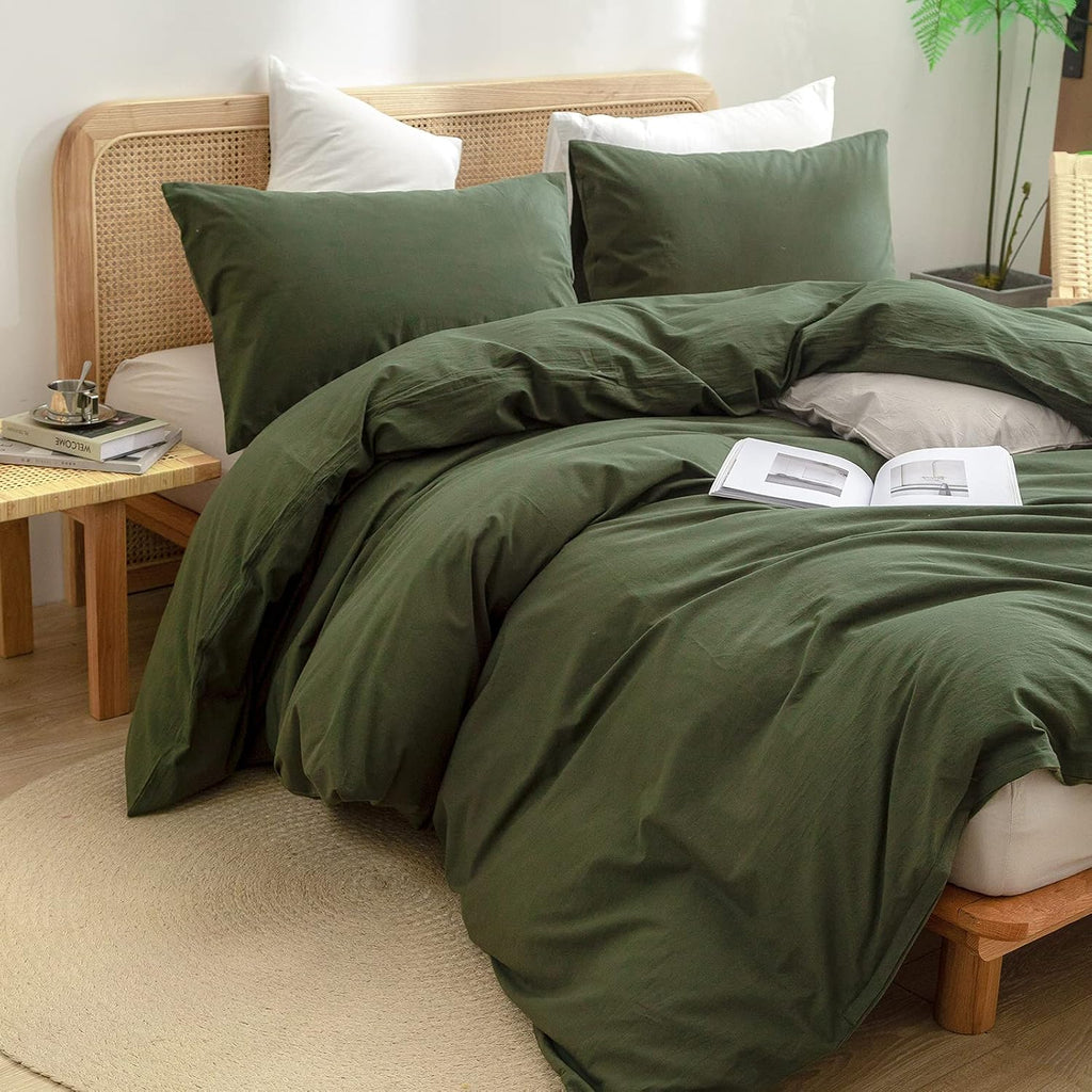 Cotton Solid Duvet Cover Set Linen Feel Olive Green Queen