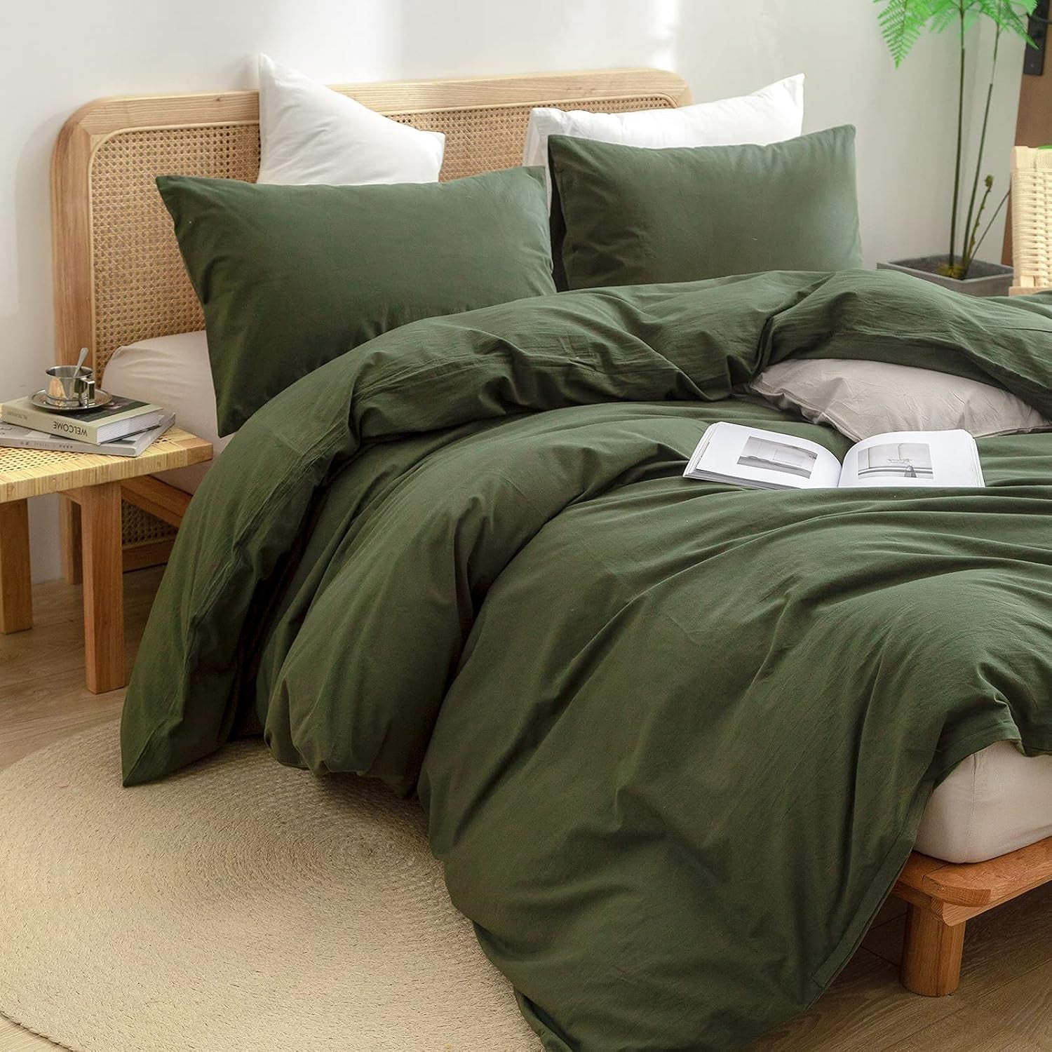 Cotton Solid Duvet Cover Set Linen Feel Olive Green Queen