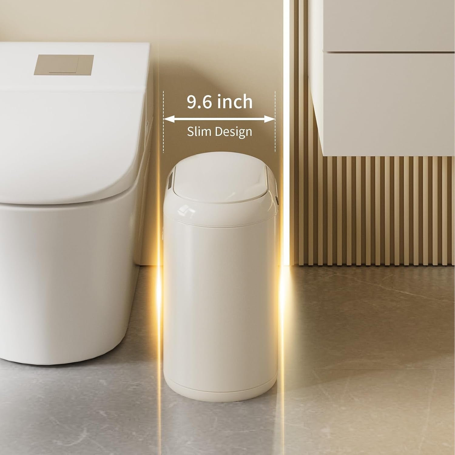 Automatic Trash Can for Bathroom, Metal Touchless Garbage Bin with Lid, 3.2 Gallon Small Slim Trash Can for Office and Kitchen, Electric Motion Sensor Bedroom No Touch Bin, Cream White