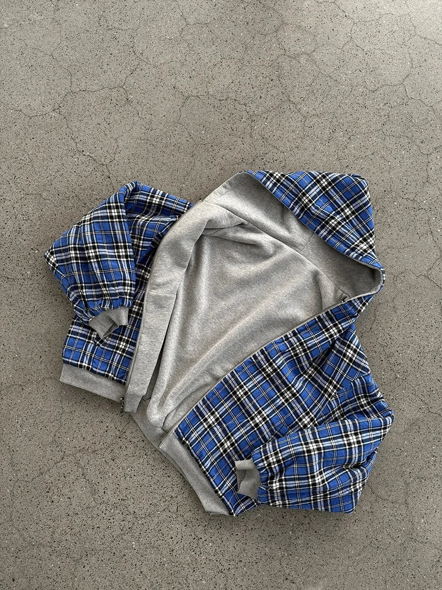 Casual Reversible Hoodies for Men Street Clothes Oversized Zip up Hoodie Simple with Plaid Lining Solid Color Retro Sweatshirt