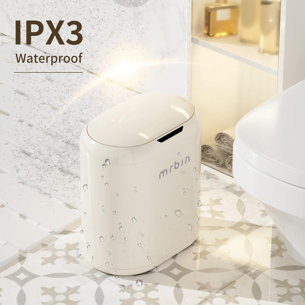 Automatic Trash Can for Bathroom, Metal Touchless Garbage Bin with Lid, 3.2 Gallon Small Slim Trash Can for Office and Kitchen, Electric Motion Sensor Bedroom No Touch Bin, Cream White