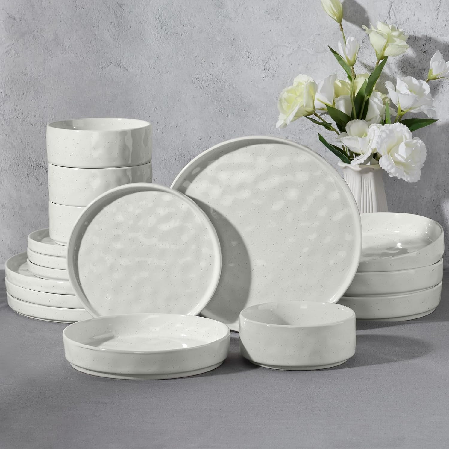 16-Piece Plates and Bowls Sets with Pasta Bowls - Stoneware Dinnerware Set for 4, Modern Ribbed Speckled White Dishes, Microwave & Dishwasher Safe