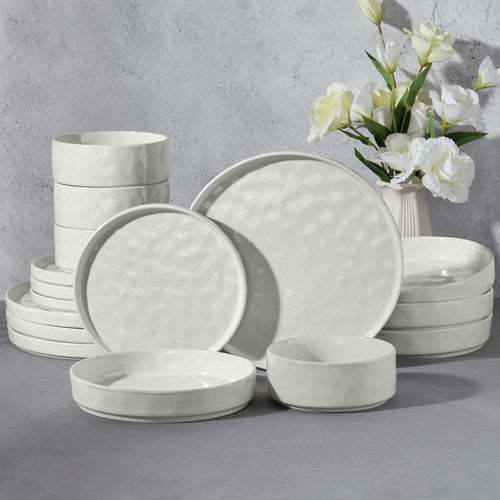 16-Piece Plates and Bowls Sets with Pasta Bowls - Stoneware Dinnerware Set for 4, Modern Ribbed Speckled White Dishes, Microwave & Dishwasher Safe