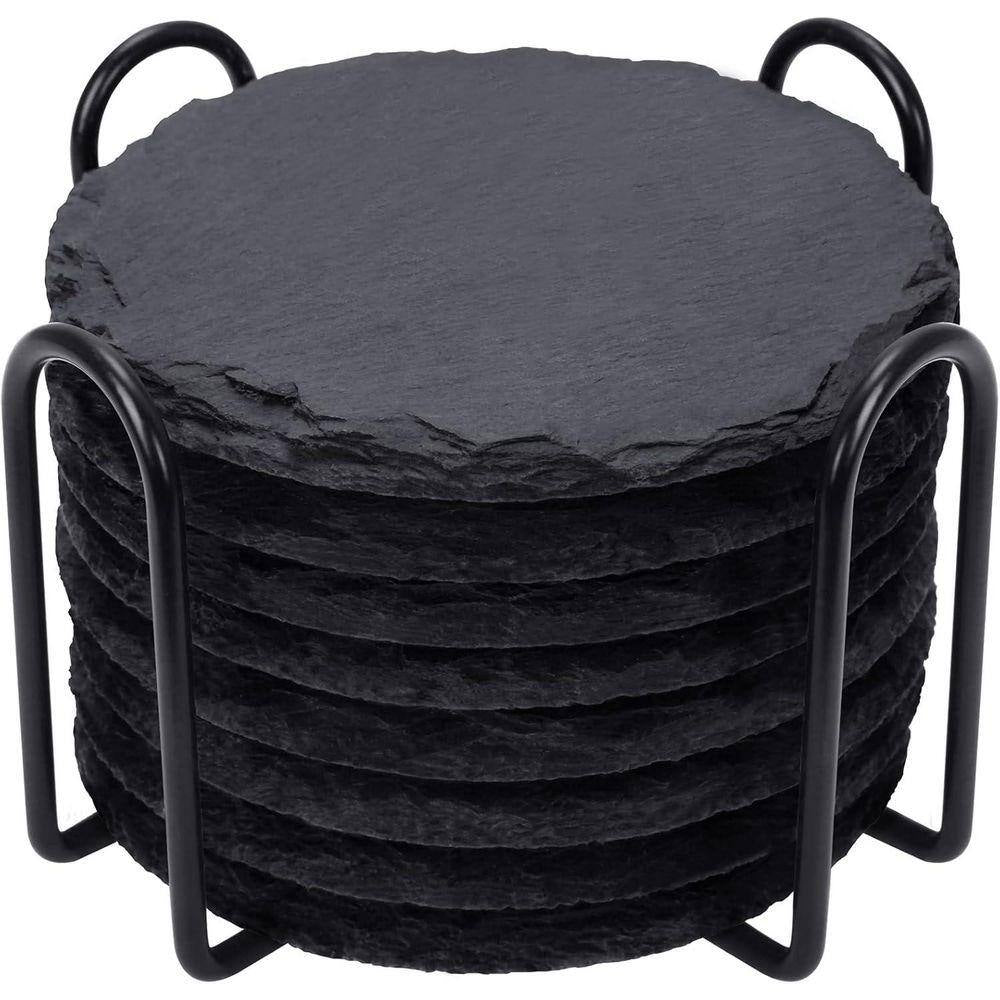4 Inch Stone Coaster Set Coffee Table Decor with Metal Holder in Black (Set of 8)