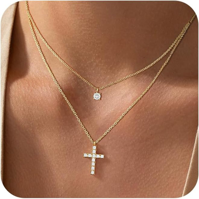 Cross Necklace for Women,14K Gold Plated Small Dainty Colorful Beaded Cubic Zirconia Diamond Double Layered Cross Pendant Choker Necklaces for Women,Christian Easter Religious Jewelry Gifts