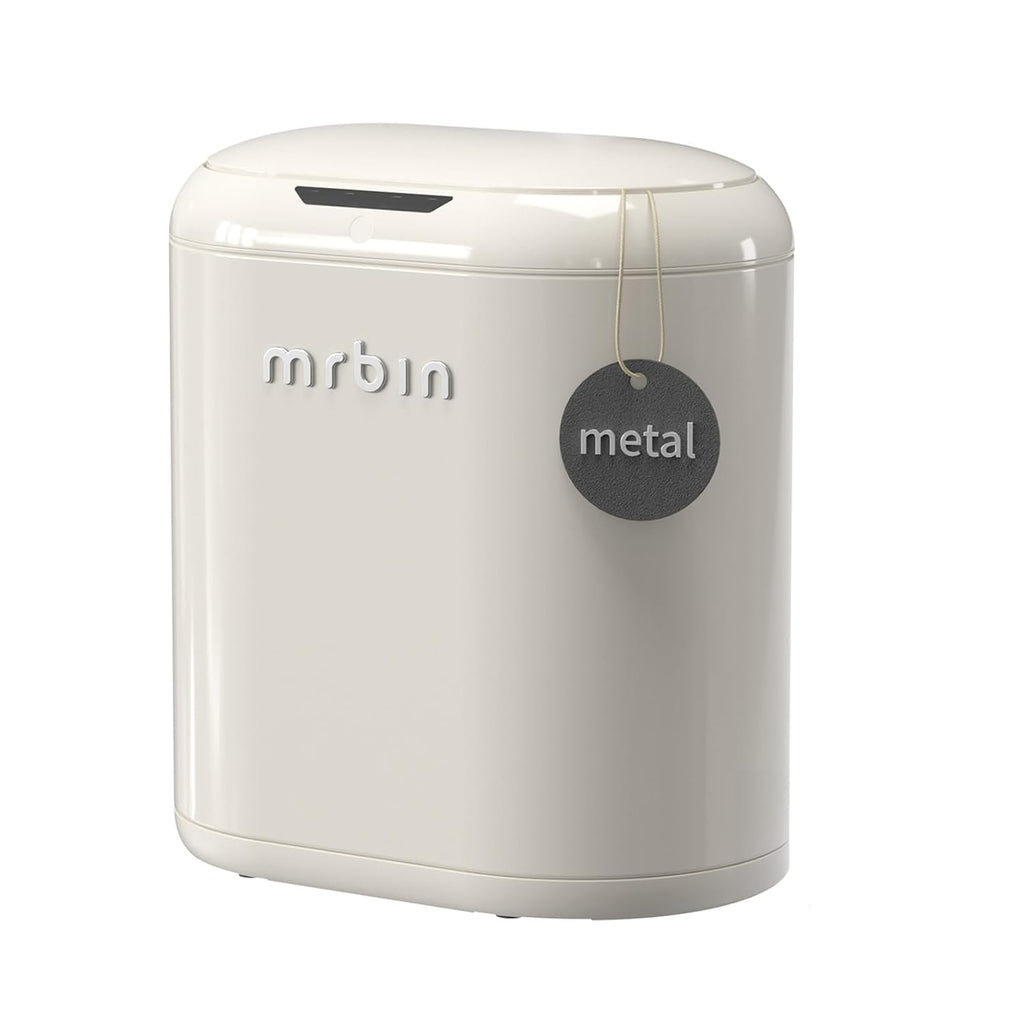 Automatic Trash Can for Bathroom, Metal Touchless Garbage Bin with Lid, 3.2 Gallon Small Slim Trash Can for Office and Kitchen, Electric Motion Sensor Bedroom No Touch Bin, Cream White