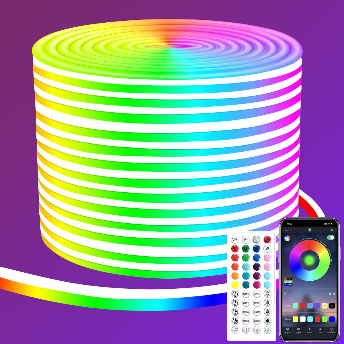 50Ft RGB LED Neon Rope Lights LED Neon Lights with Remote Control/App Control IP65 Waterproof Flexible Neon LED Strip Lights for Bedroom Room Outdoors Décor