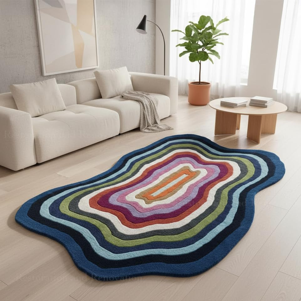 Restoration and Renovation Irregular Shaped Handmade Wool Rug | Modern Colourful Stripe Premium Area Rug Perfect for Home Decor (Blue Multi, 5' X 8')