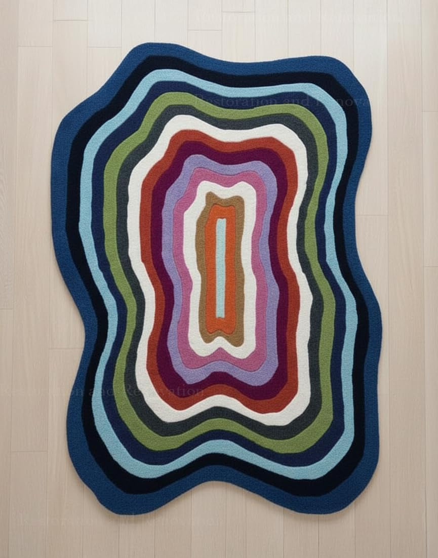 Restoration and Renovation Irregular Shaped Handmade Wool Rug | Modern Colourful Stripe Premium Area Rug Perfect for Home Decor (Blue Multi, 5' X 8')