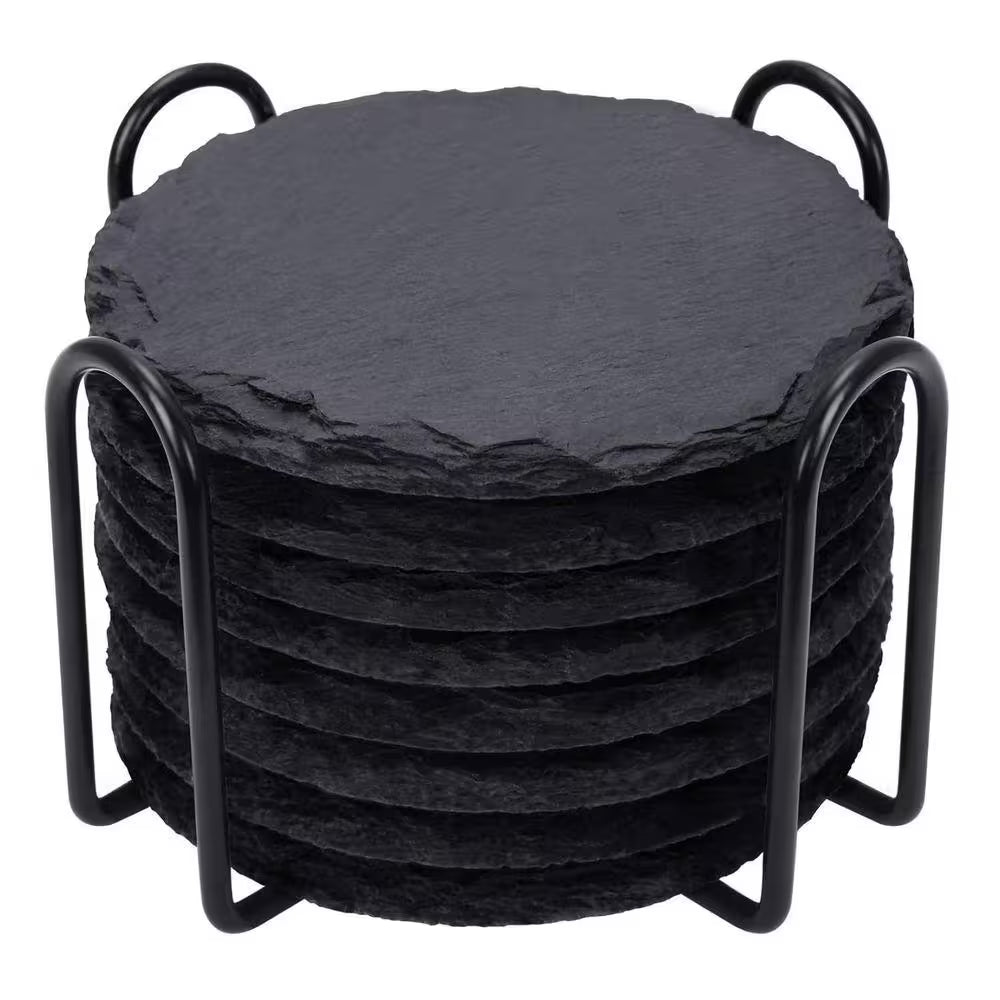 4 Inch Stone Coaster Set Coffee Table Decor with Metal Holder in Black (Set of 8)