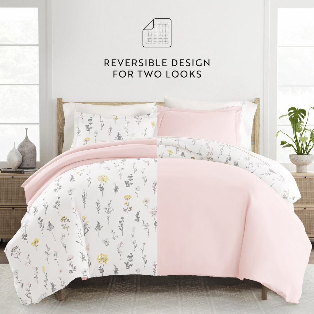 Duvet Cover Set - Ultra Soft & Breathable - Pink Farmhouse Wildflower for Queen Size Bedding by