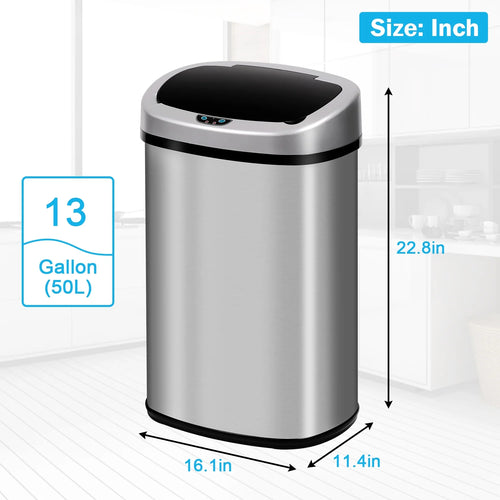 13 Gallon Kitchen Trash Can Automatic Stainless-Steel Garbage Can with Touch-Free & Motion Sensor, Anti-Fingerprint Mute Designed Brushed Waste Bin for Home, Silver