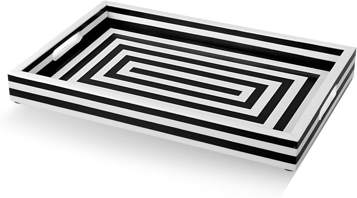 Black & White Concentric Resin Inlay Ottoman Tray, 17X11