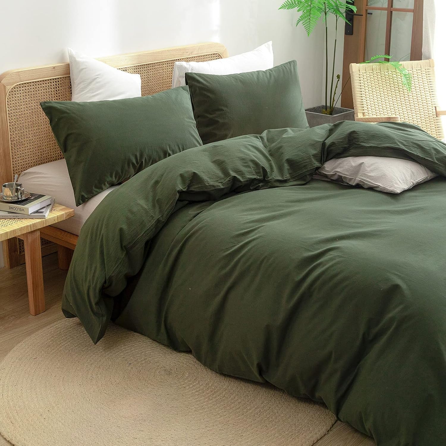 Cotton Solid Duvet Cover Set Linen Feel Olive Green Queen