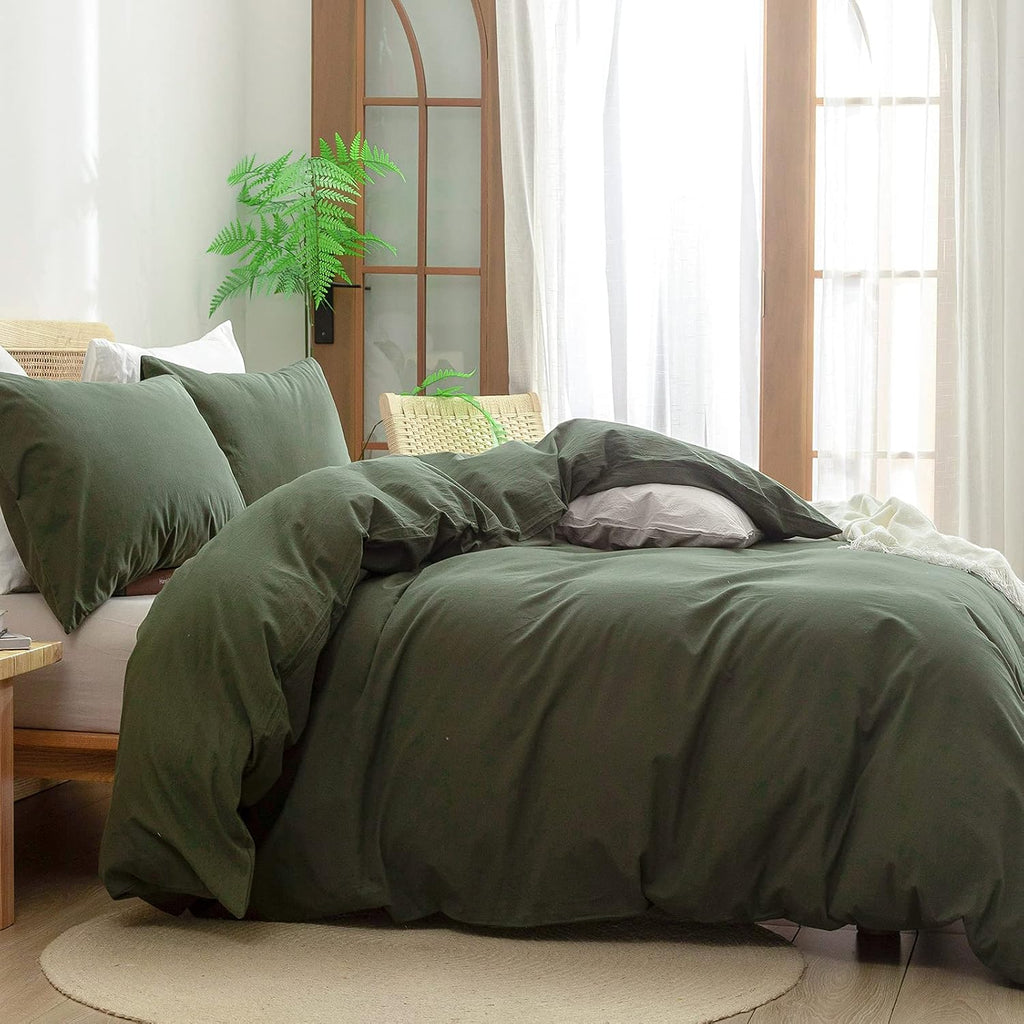 Cotton Solid Duvet Cover Set Linen Feel Olive Green Queen