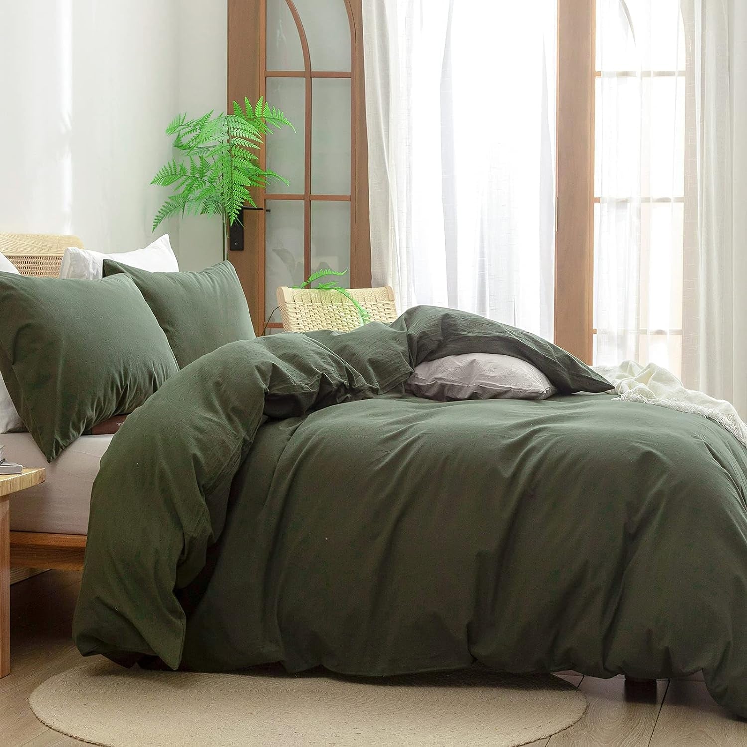 Cotton Solid Duvet Cover Set Linen Feel Olive Green Queen