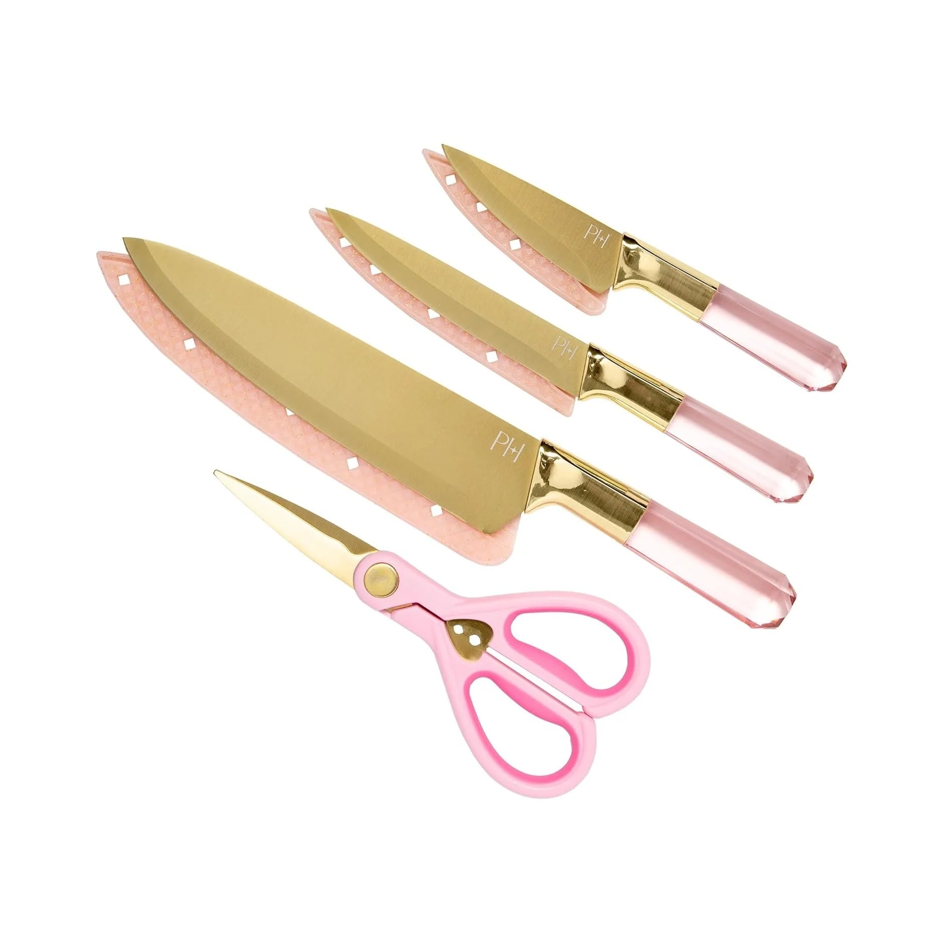 Stainless Steel Knife Set with Jewel Shaped Handles and Gold Blades, Iconic Cutlery Set, 4-Piece, Pink