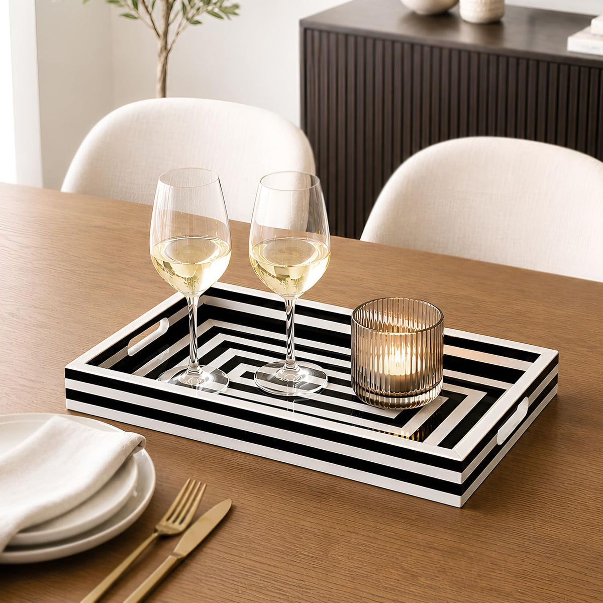 Black & White Concentric Resin Inlay Ottoman Tray, 17X11
