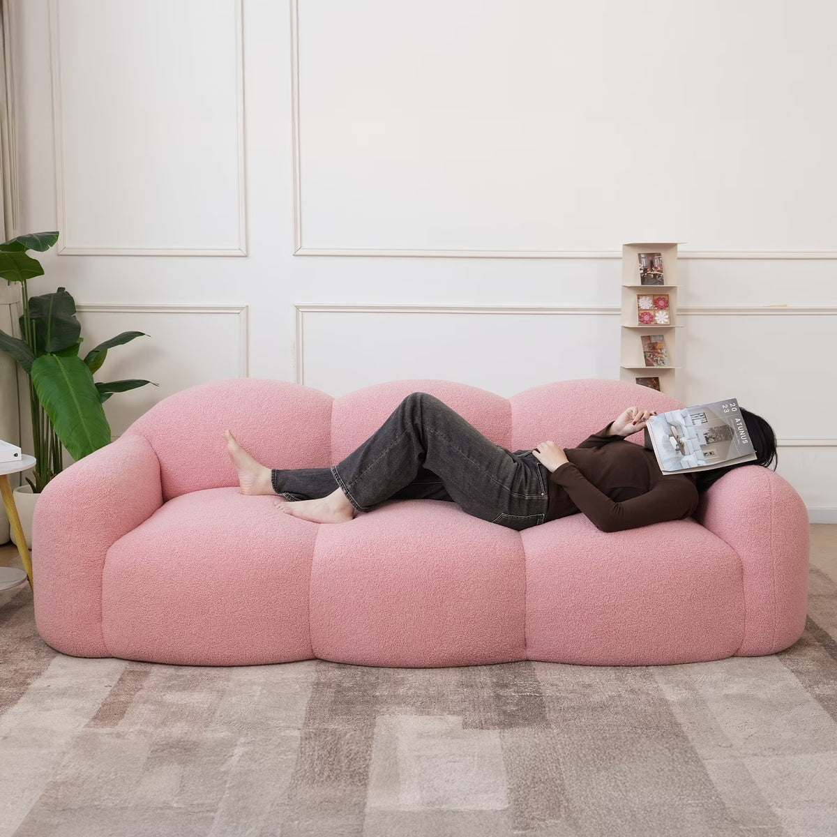 90" Modern Cloud Couch for Living Room, Boucle Loveseat 3 Seater Sofa, Plush Floor Sofa Couch for Bedroom, Apartment, Small Space (Pink Couch, No Assembly Required)