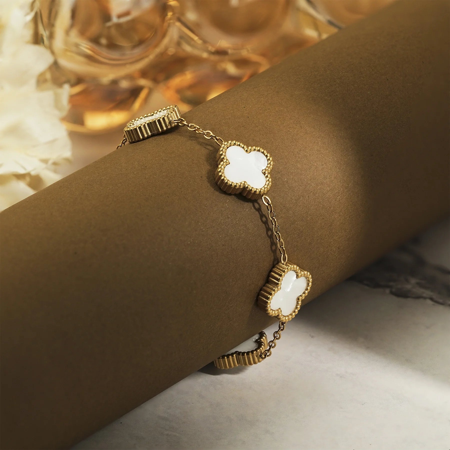 White Flower Link Bracelet in Yellow Gold Plated