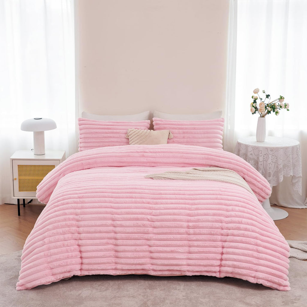 Pink Fluffy Girls Duvet Cover Set Twin Faux Fur Comforter Cover