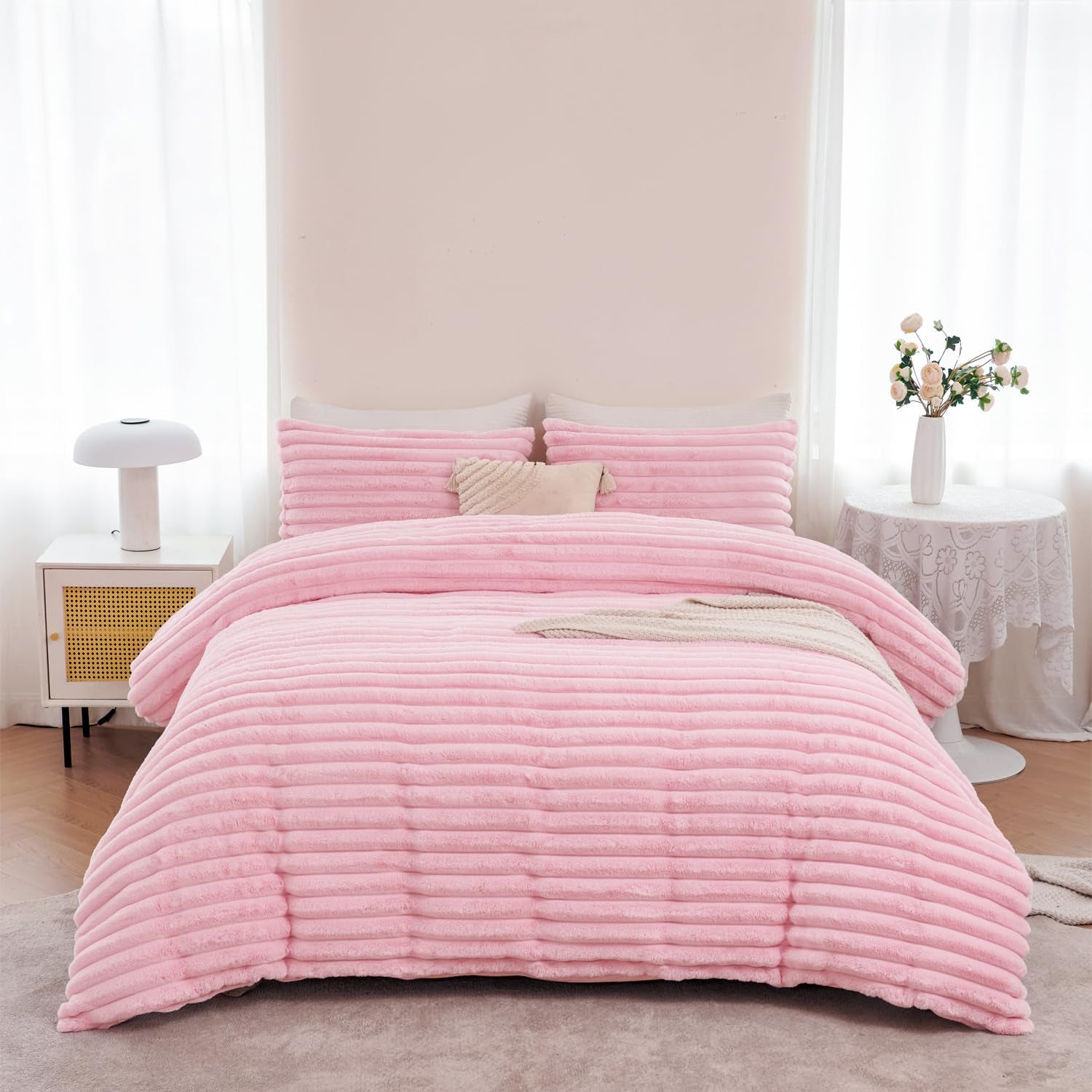 Pink Fluffy Girls Duvet Cover Set Twin Faux Fur Comforter Cover