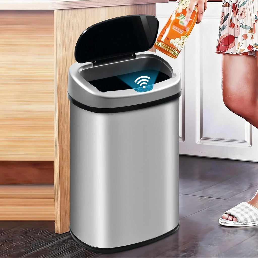 13 Gallon Kitchen Trash Can Automatic Stainless-Steel Garbage Can with Touch-Free & Motion Sensor, Anti-Fingerprint Mute Designed Brushed Waste Bin for Home, Silver
