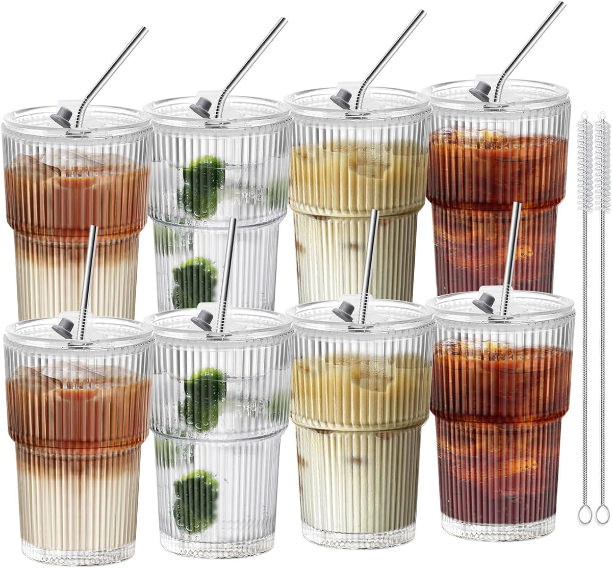 Iced Coffee Cups with Lids and Straws 8 Pcs, 16 OZ Unbreakable Glasses Drinking Set,Clear Plastic Cups Reusable Iced Coffee Tumbler with Lid and Straw, to Go Coffee Cups Dishwasher Safe