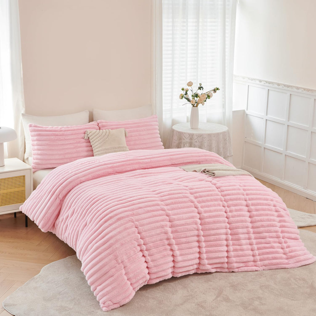Pink Fluffy Girls Duvet Cover Set Twin Faux Fur Comforter Cover