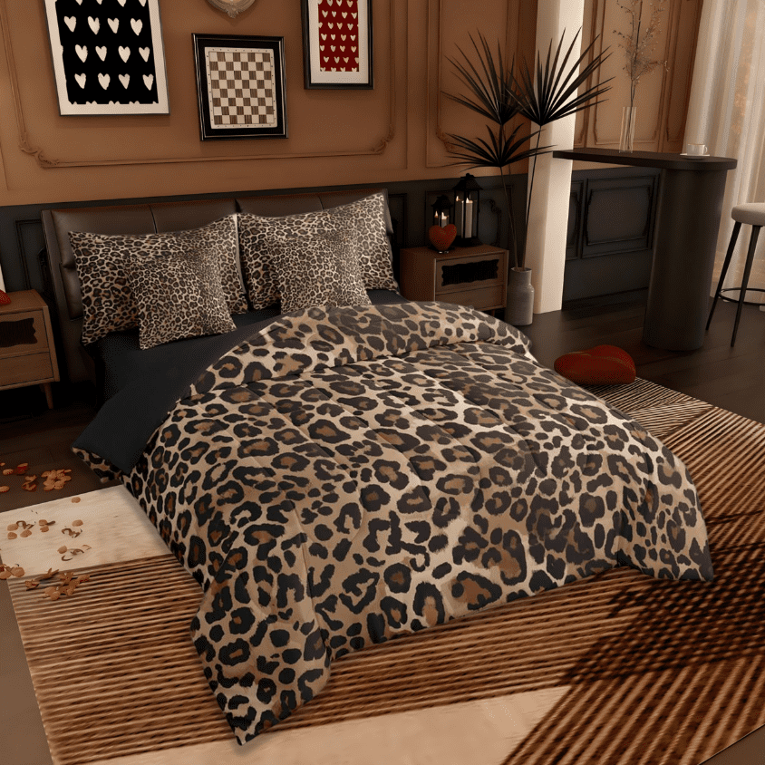 Leopard Print 7-Piece Bedding Comforter Set,Wild Animal King Bedding Sets,Cheetah Pattern Bed Sheets for Girl Kids,Breathable Home Decor Reversible