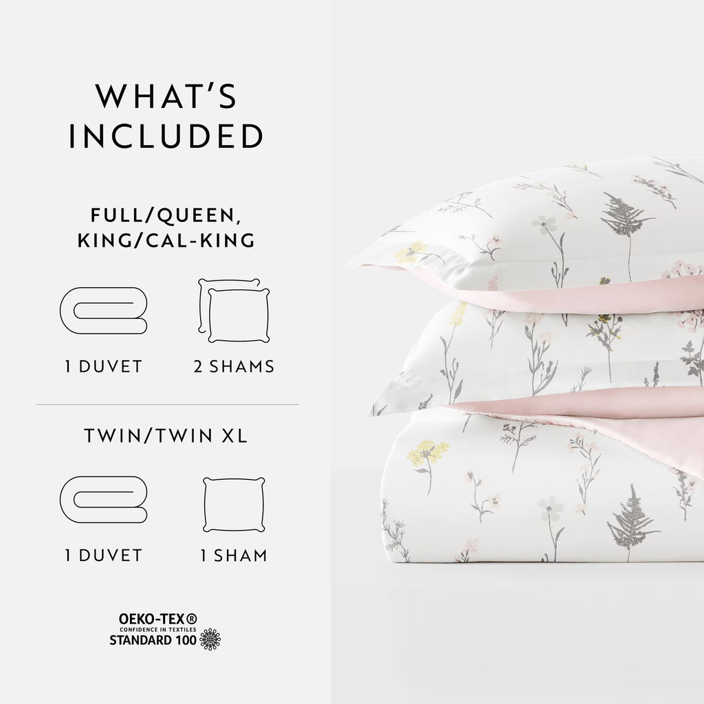 Duvet Cover Set - Ultra Soft & Breathable - Pink Farmhouse Wildflower for Queen Size Bedding by