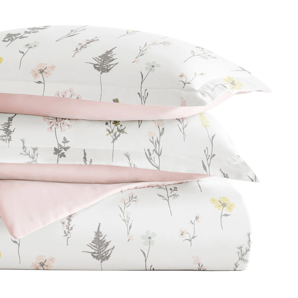 Duvet Cover Set - Ultra Soft & Breathable - Pink Farmhouse Wildflower for Queen Size Bedding by