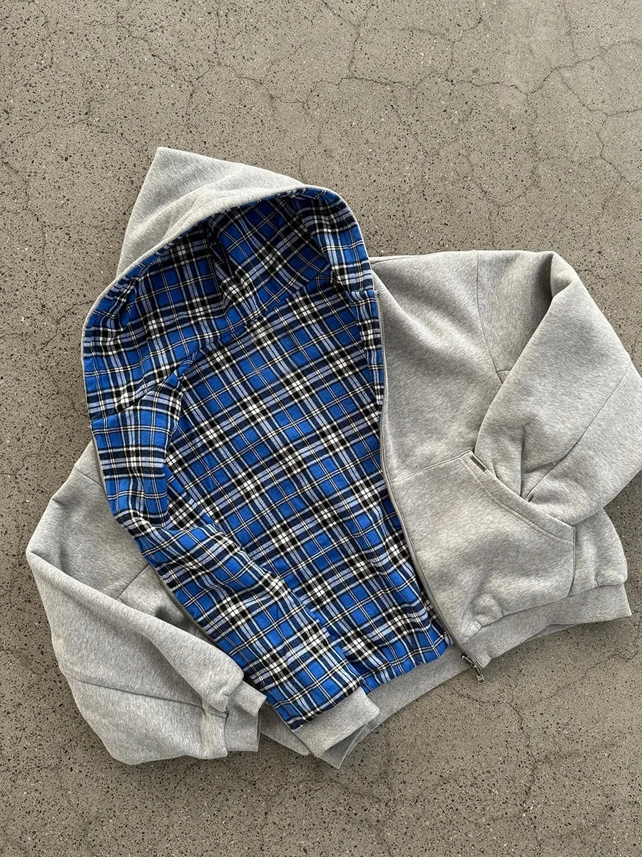 Casual Reversible Hoodies for Men Street Clothes Oversized Zip up Hoodie Simple with Plaid Lining Solid Color Retro Sweatshirt