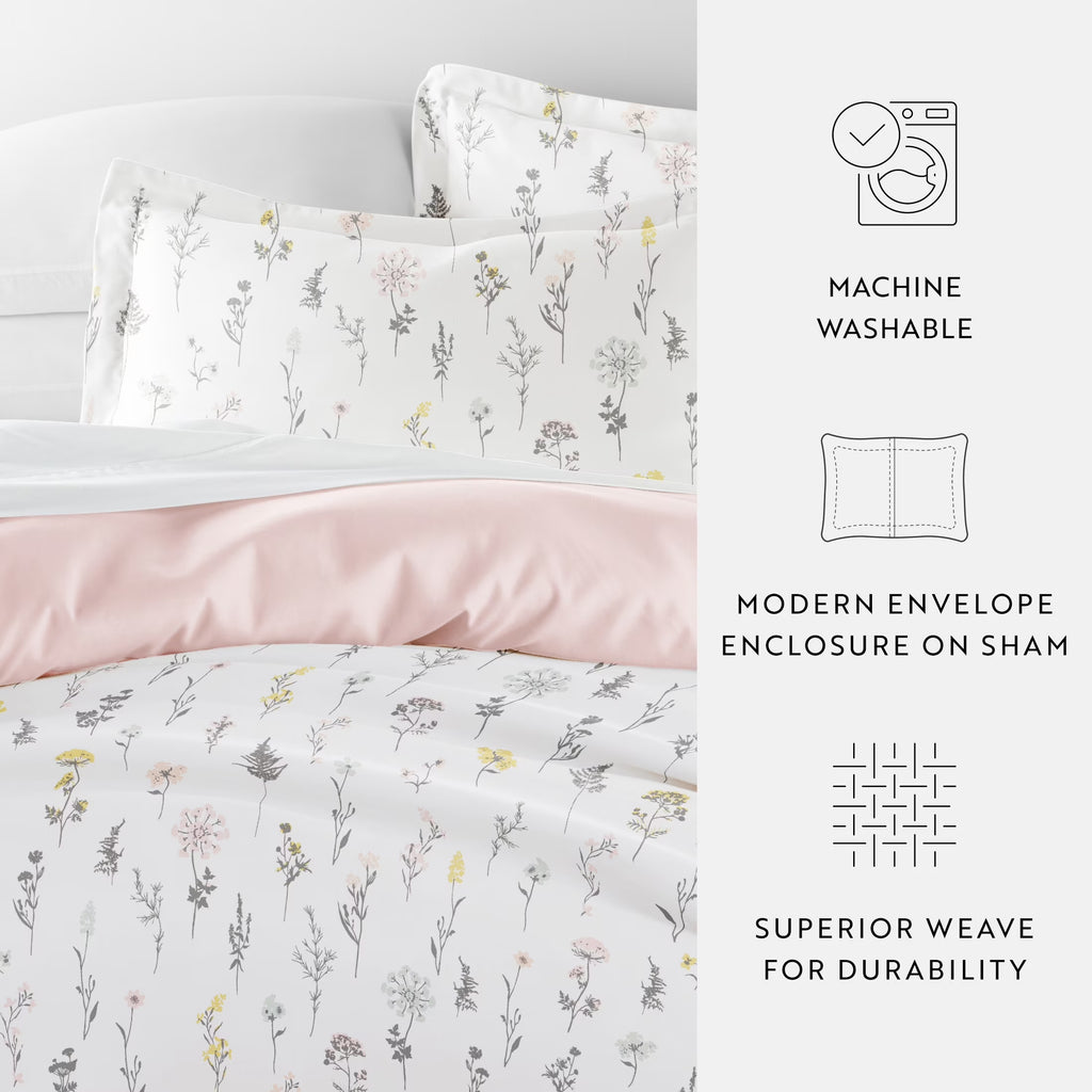 Duvet Cover Set - Ultra Soft & Breathable - Pink Farmhouse Wildflower for Queen Size Bedding by