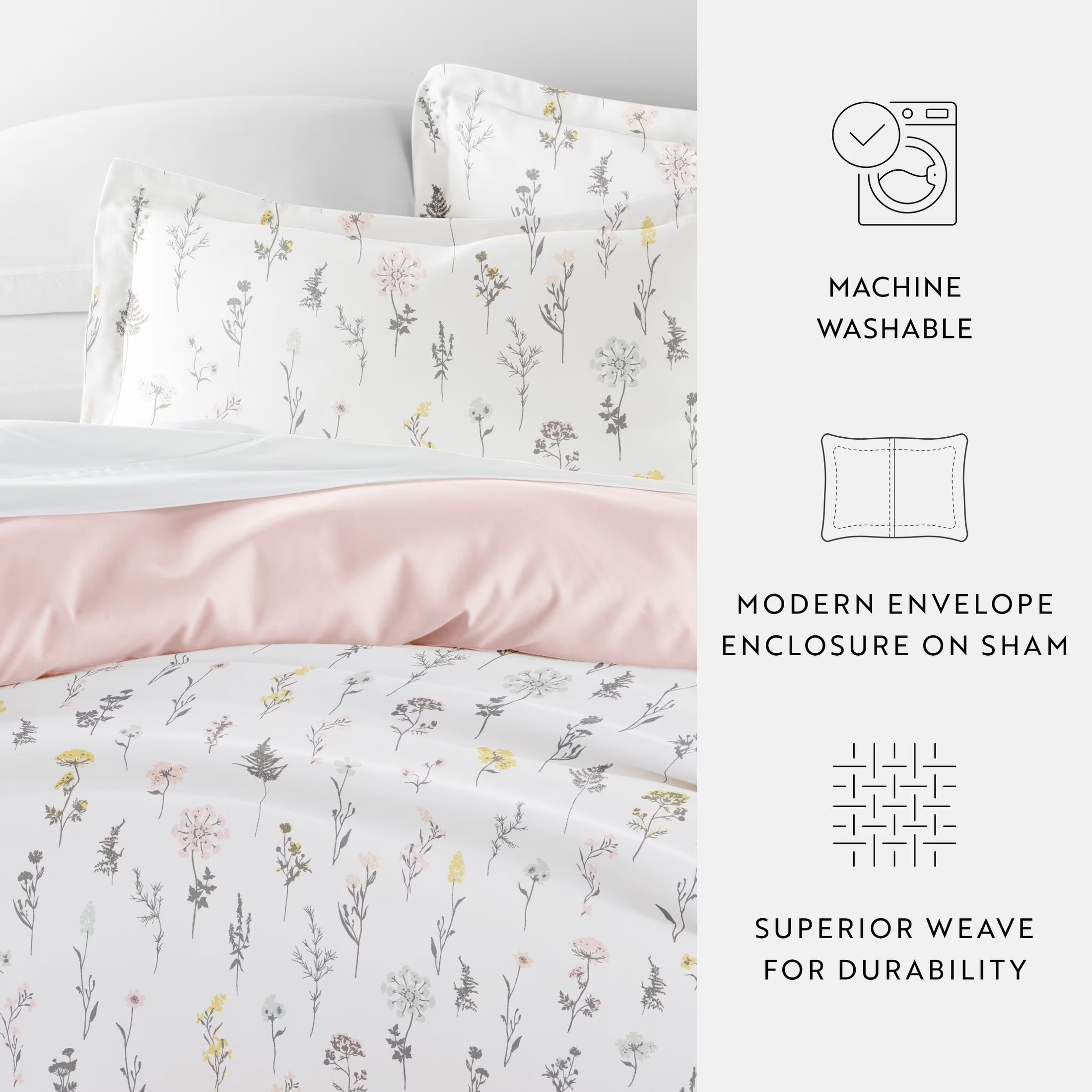 Duvet Cover Set - Ultra Soft & Breathable - Pink Farmhouse Wildflower for Queen Size Bedding by
