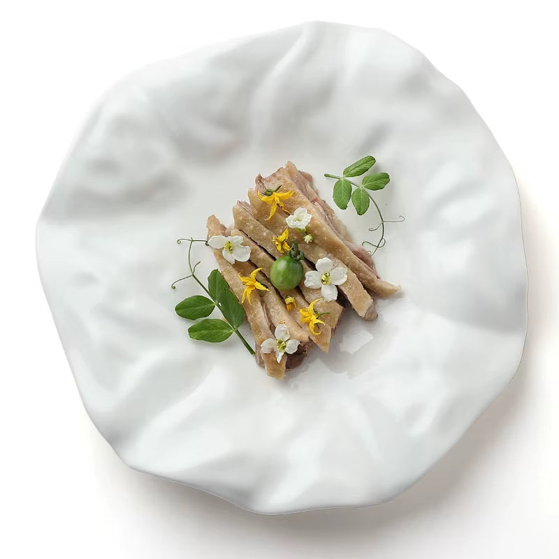 French Ceramic Tableware Irregular White Ceramic Western Plate Creative Pleated Paper Plate Restaurant Fruit Tray Dumpling Plate