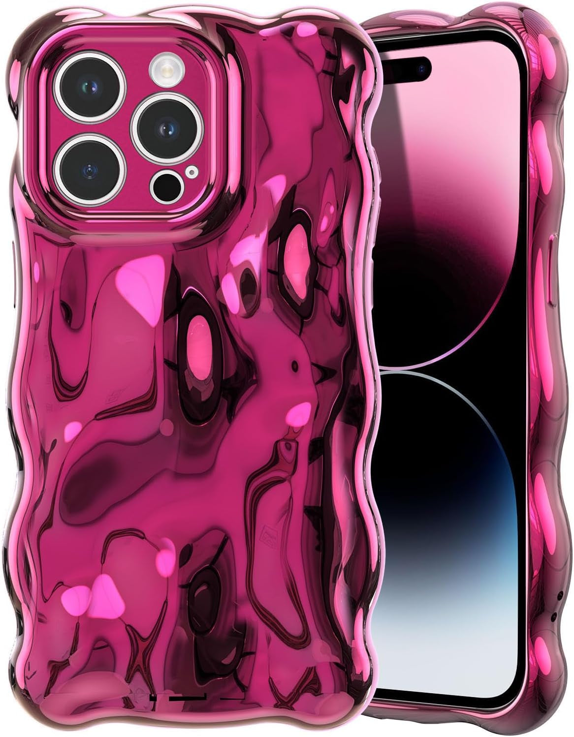 Ripple Case for Iphone 13 Pro, Cute Silver Cover Wave Shape for Iphone Case Pretty Aesthetic 3D Phone Cover, Water Ripple Shell 3D Chrome Design for Women and Girl, Silver Hot Pink