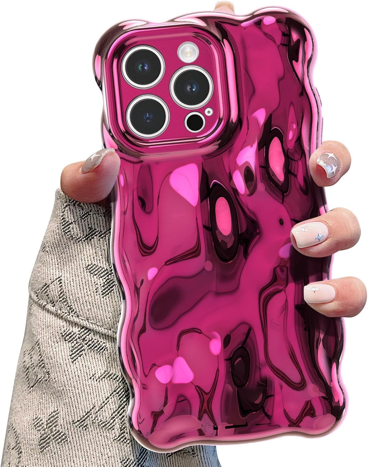 Ripple Case for Iphone 13 Pro, Cute Silver Cover Wave Shape for Iphone Case Pretty Aesthetic 3D Phone Cover, Water Ripple Shell 3D Chrome Design for Women and Girl, Silver Hot Pink