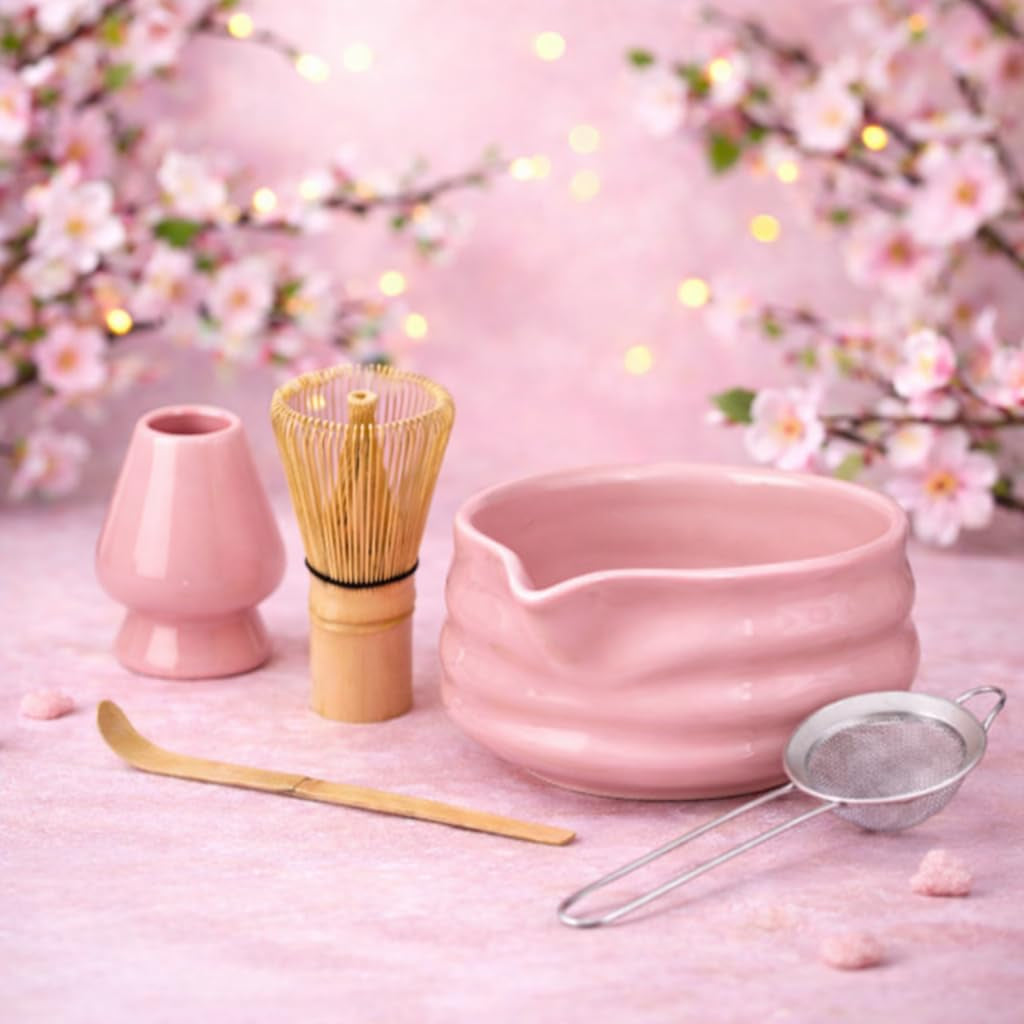 Matcha Whisk Set- Matcha Set Includes Matcha Whisk and Bowl with Spout, Sifter, Holder and Scoop- the Perfect Bamboo Whisk for Matcha Tea (Pink)