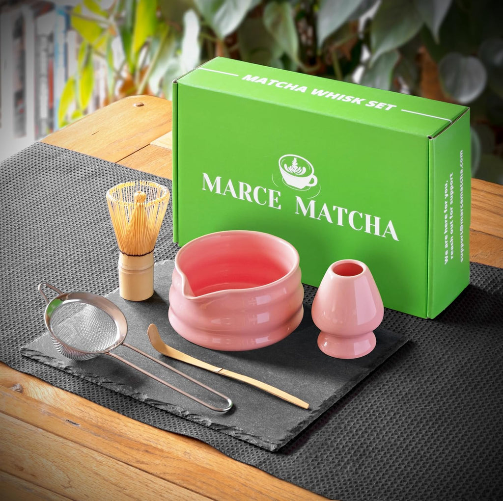 Matcha Whisk Set- Matcha Set Includes Matcha Whisk and Bowl with Spout, Sifter, Holder and Scoop- the Perfect Bamboo Whisk for Matcha Tea (Pink)