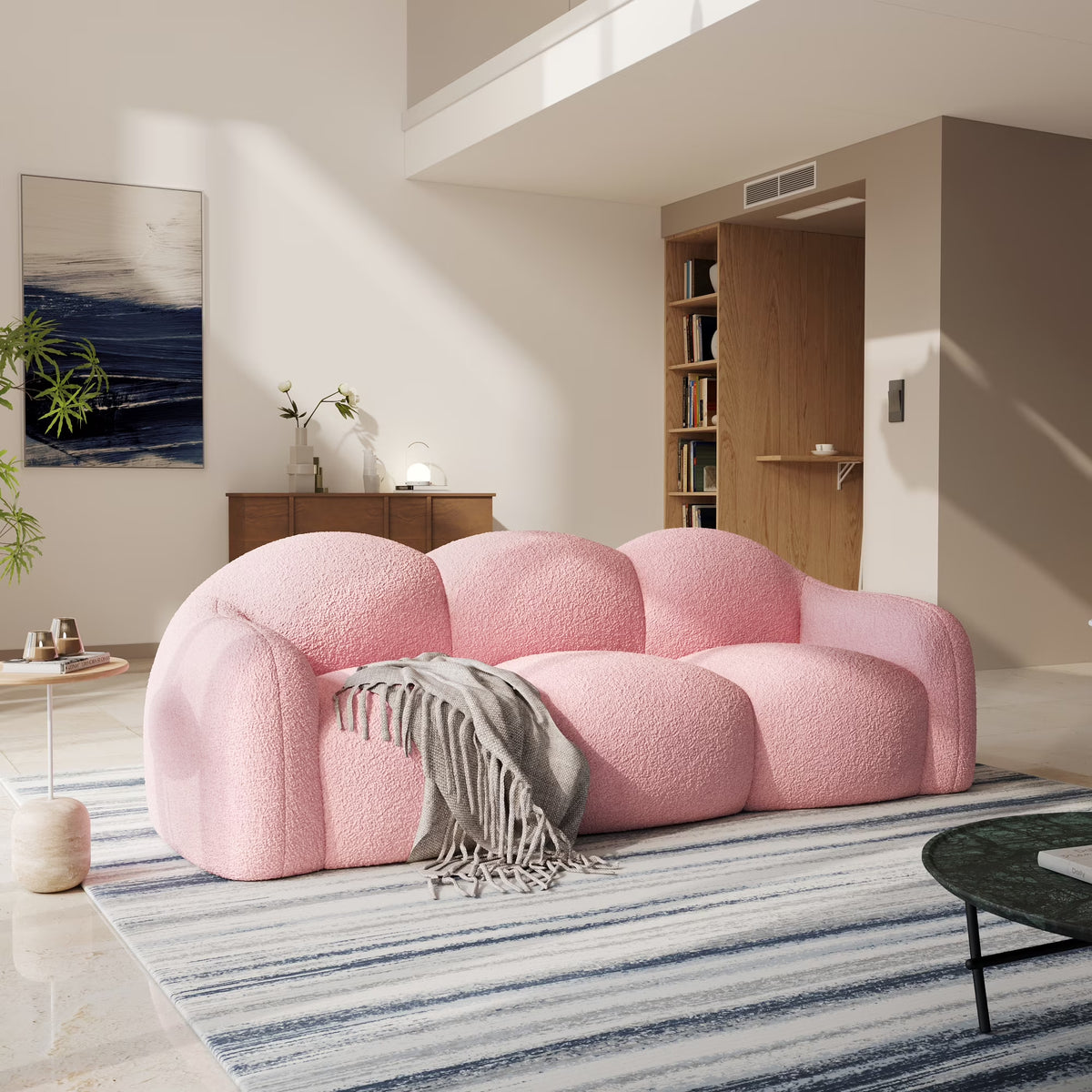 90" Modern Cloud Couch for Living Room, Boucle Loveseat 3 Seater Sofa, Plush Floor Sofa Couch for Bedroom, Apartment, Small Space (Pink Couch, No Assembly Required)