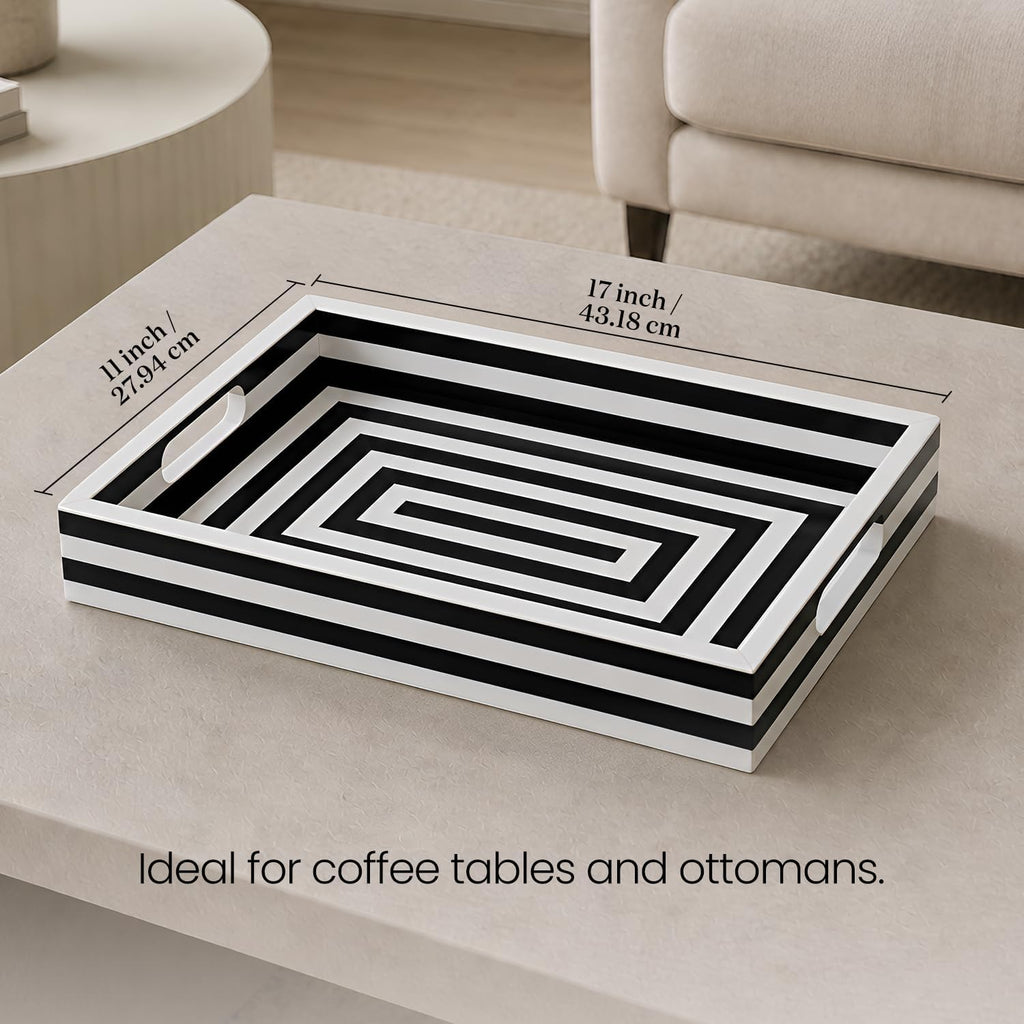 Black & White Concentric Resin Inlay Ottoman Tray, 17X11