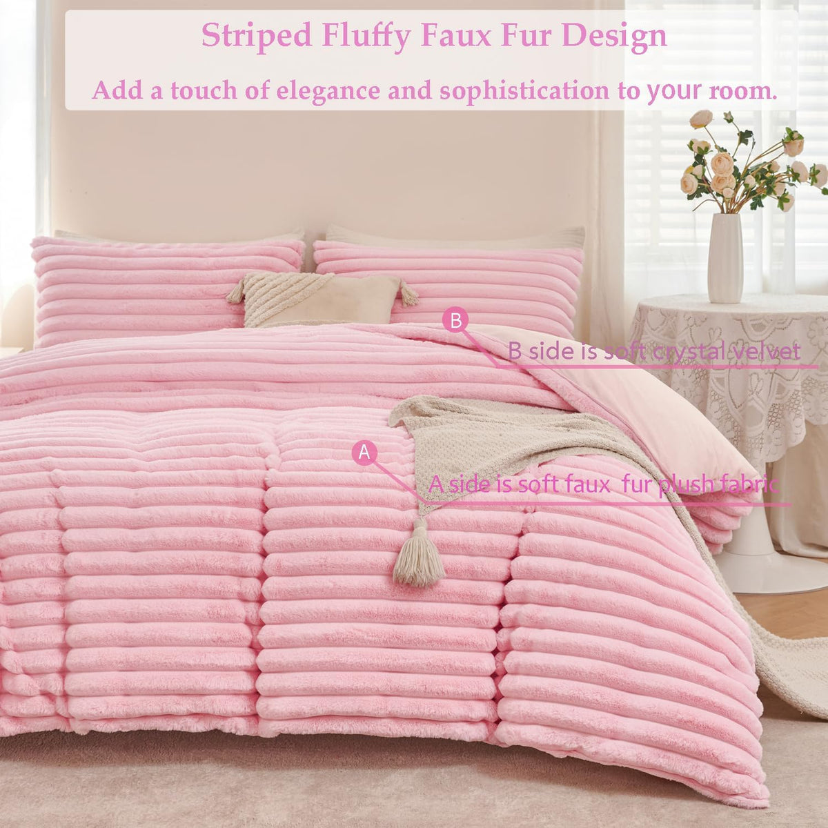 Pink Fluffy Girls Duvet Cover Set Twin Faux Fur Comforter Cover