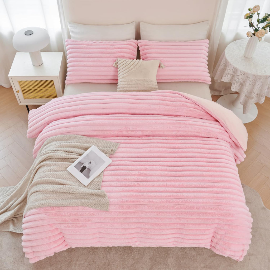 Pink Fluffy Girls Duvet Cover Set Twin Faux Fur Comforter Cover
