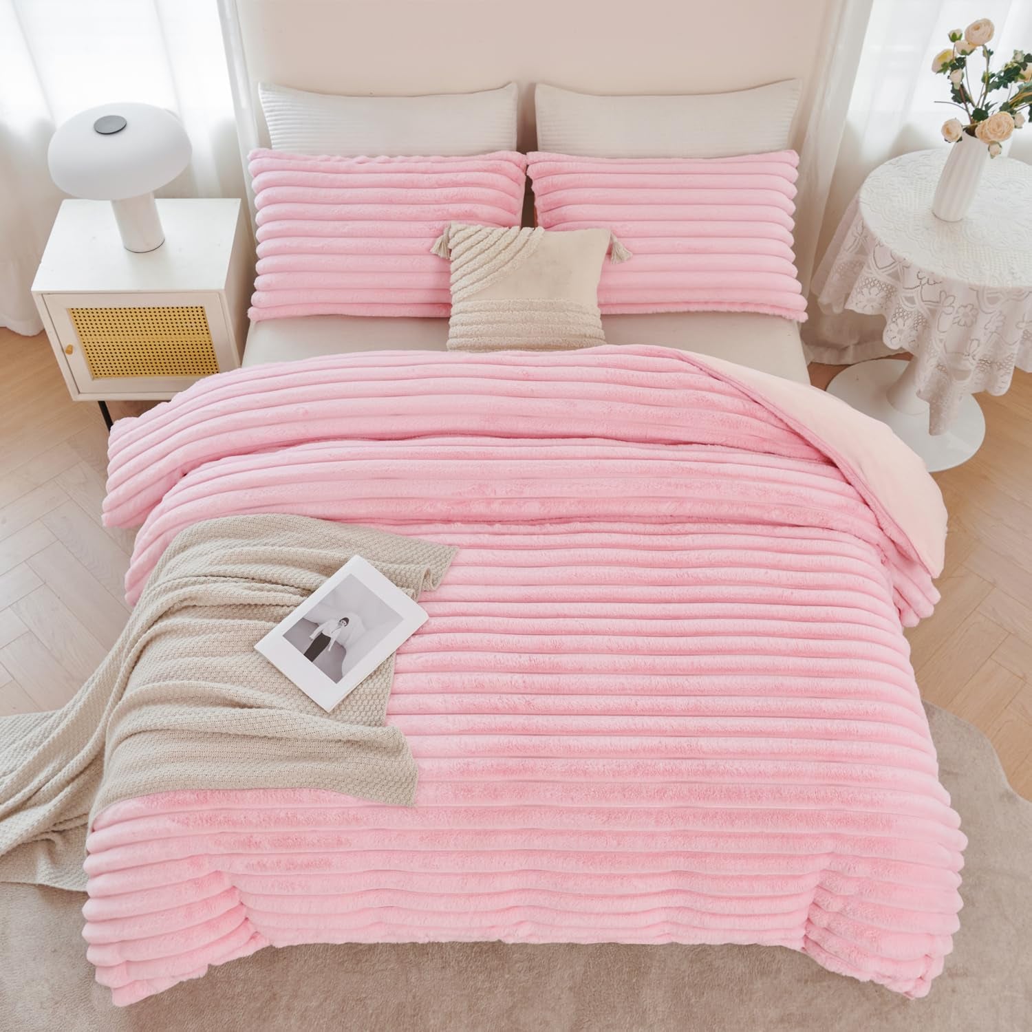 Pink Fluffy Girls Duvet Cover Set Twin Faux Fur Comforter Cover