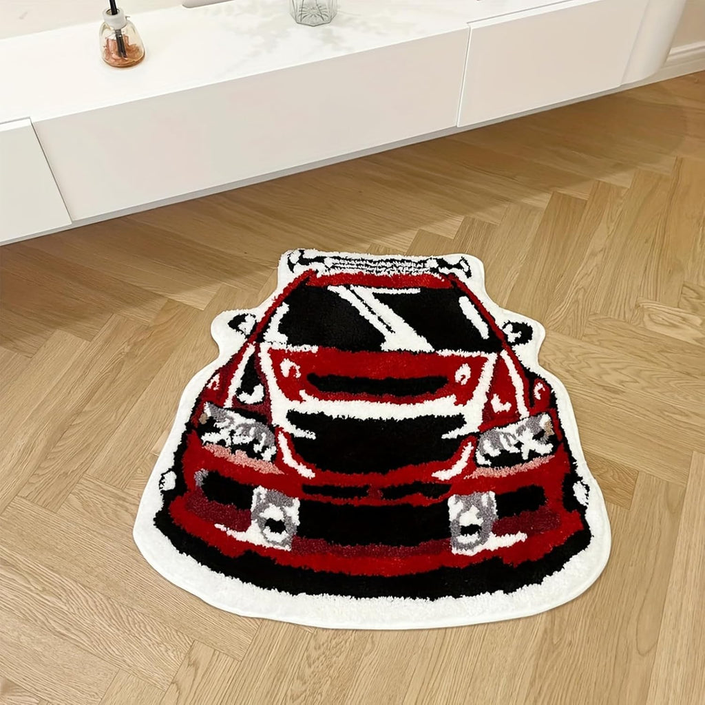 Red Racing Car Shaped Tufting Rug Bathroom Bathmat Foot Pad Bath Mat Doormat Aesthetic Home Room Warm Decor Bedroom Rug (29.9X28.7 Inch)
